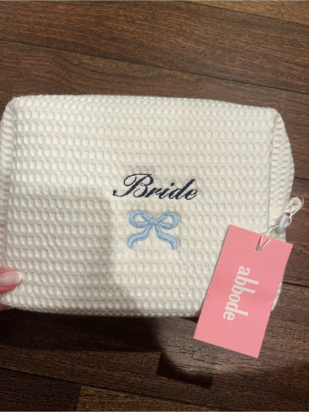 Abbode white 'Bride' Waffle Cosmetic Pouch with Light Blue Bow